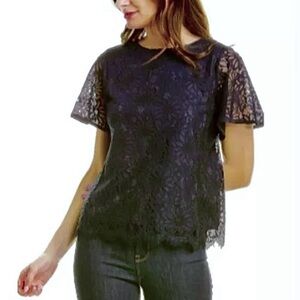 NWT NANETTE LEPORE LADIES SCALLOPED LACE BLOUSE, LINED, DARK NAVY, LARGE $99‌